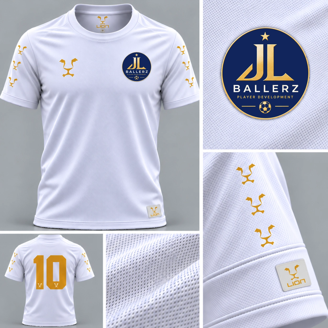 White Lion Sportswear football kit concept with minimalist JL Ballerz badge, gold detailing and gold number ten