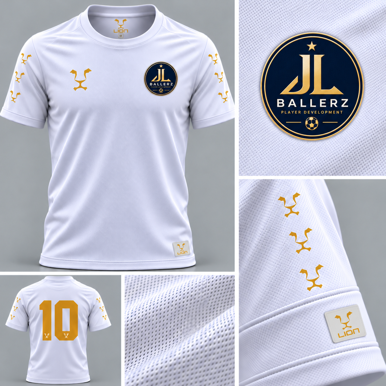 White Lion Sportswear football kit concept with minimalist JL Ballerz badge, gold detailing and gold number ten