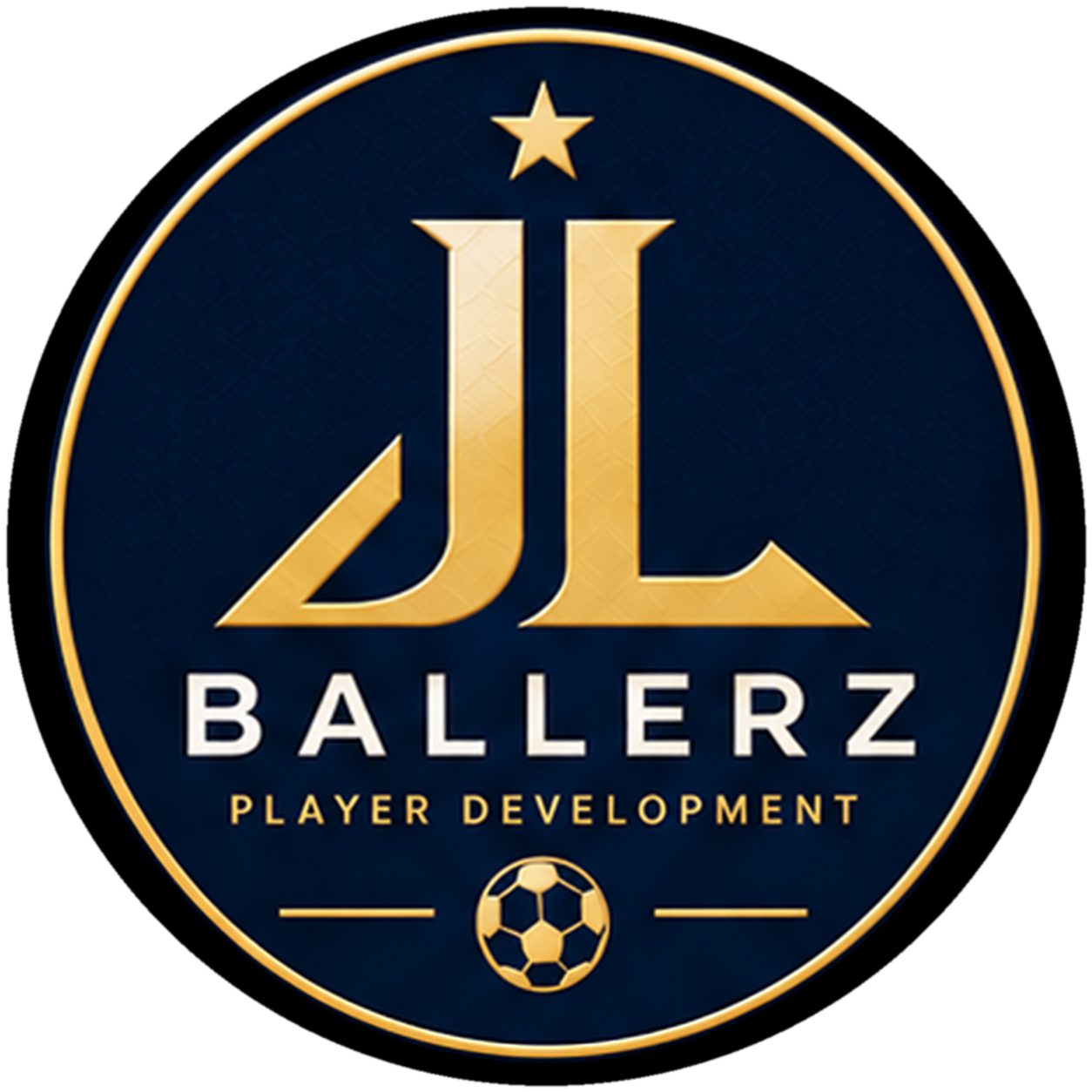 Approved minimalist JL Ballerz crest in navy and gold with a single thin gold border and one star